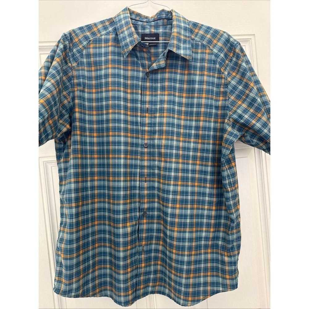 Marmot Mens XL Short Sleeve Button Shirt Green Plaid L42190 Outdoor Hiking